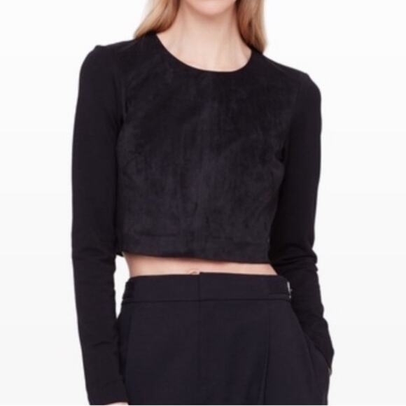 Club Monaco Black Faux Suede Long Sleeve Crop Top - Picture 1 of 12